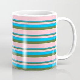 [ Thumbnail: Deep Sky Blue, Dark Olive Green & Pink Colored Lined/Striped Pattern Coffee Mug ]