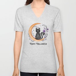 Happy Halloween cat in moon silhouette V Neck T Shirt