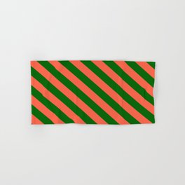 [ Thumbnail: Dark Green and Red Colored Striped/Lined Pattern Hand & Bath Towel ]