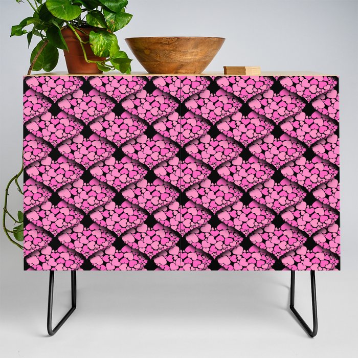 When Hearts Meet Together Pattern - Girly Pink Hearts (On Black) Credenza