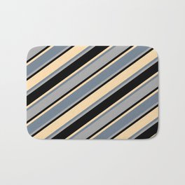 [ Thumbnail: Slate Gray, Dark Grey, Black, and Tan Colored Pattern of Stripes Bath Mat ]