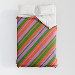 [ Thumbnail: Orchid, Green & Red Colored Stripes/Lines Pattern Comforter ]