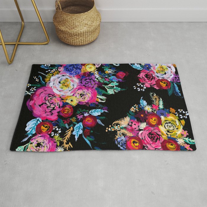 Colorful Floral Painting On Black Canvas Rug By Melissapolomsky