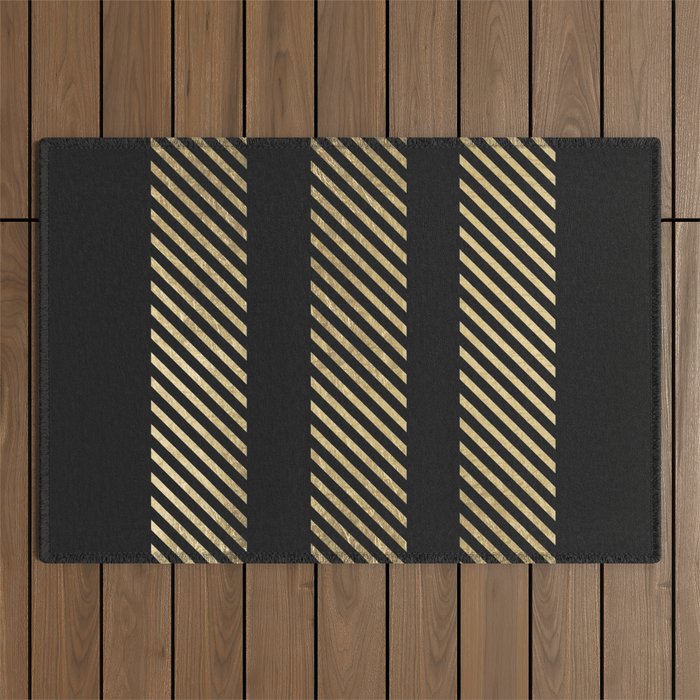 Modern Minimalist Black Gold Geometric Stripes Outdoor Rug