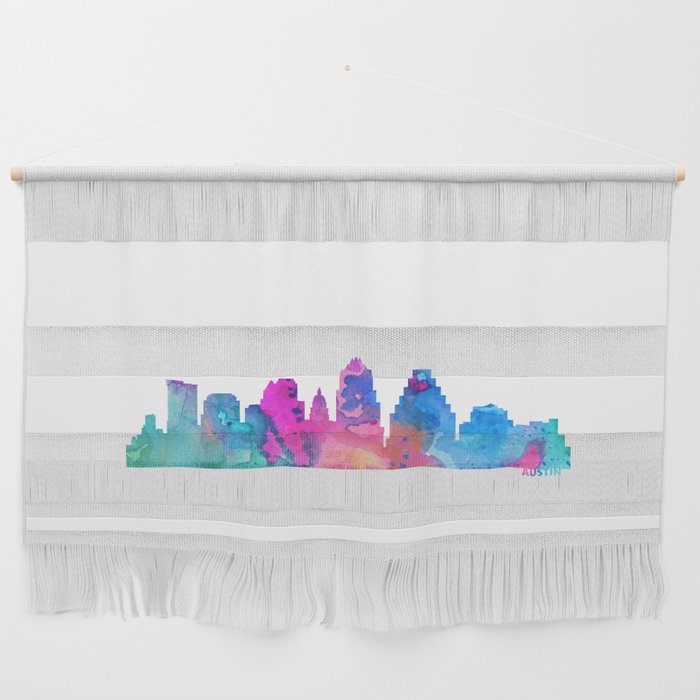 Austin Skyline Watercolor Blue Orange Pink Purple Green Cityscape Austin Texas US City Skyline Wall Hanging