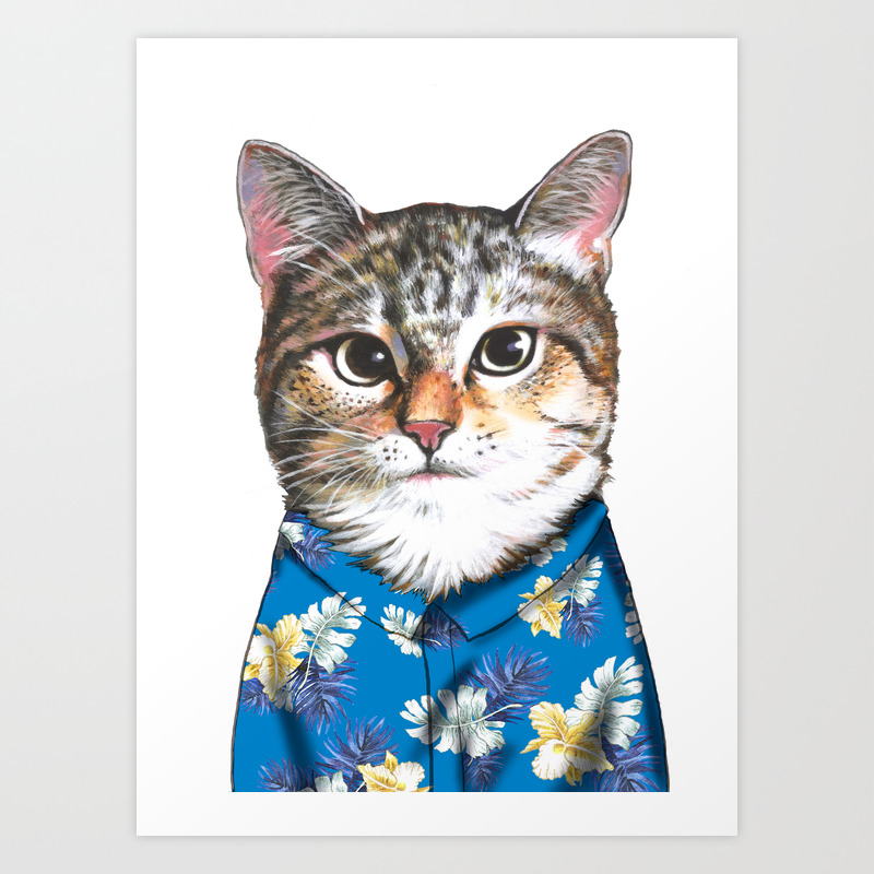 cat in blue hawaiian shirt Art Print by