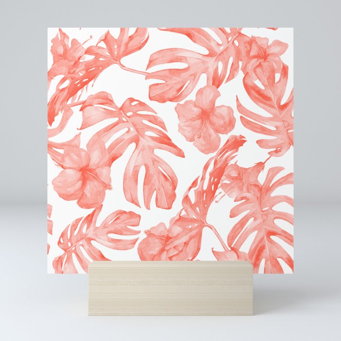 Tropical Hibiscus and Palm Leaves Dark Coral White Mini Art Print