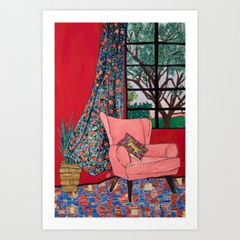 Pink Chair in Red Room Interior Painting After Matisse with Large Tree Beyond Window Art Print