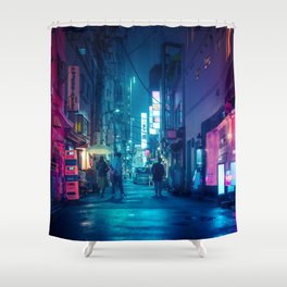 Neo Tokyo Cyberpunk aesthetic Shower Curtain | Future, Trendy, Japan, Art, Pink, Cyberpunk, Photo, Aesthetic, Blue, 2049 