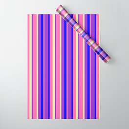 [ Thumbnail: Hot Pink, Pale Goldenrod, Dark Orchid & Blue Colored Stripes Pattern Wrapping Paper ]