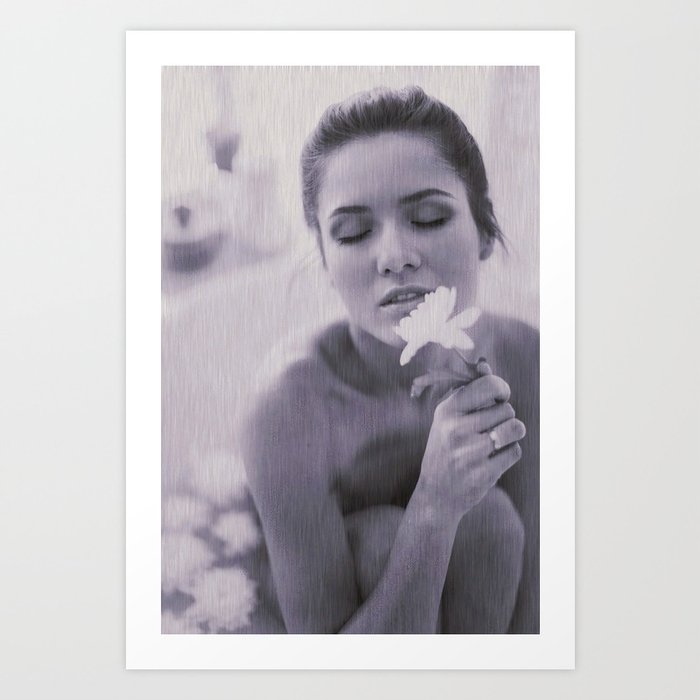 Ain't no sunshine anymore; female nude holding lotus flower black and white elegant portrait photograph Art Print