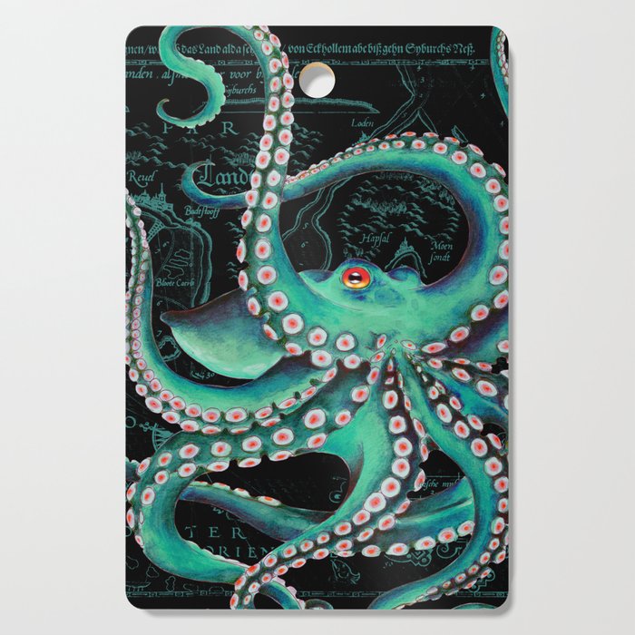 Teal Octopus Watercolor Vintage Map Dance Cutting Board