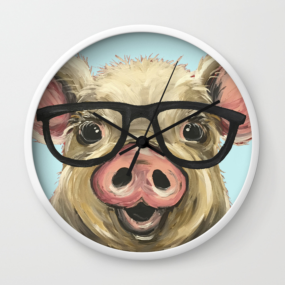 Cute Pig Painting Farm Animal With Glasses Wall Clock By