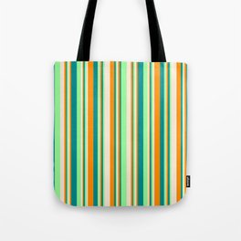 [ Thumbnail: Green, Dark Cyan, Dark Orange, and Beige Colored Stripes Pattern Tote Bag ]