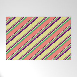 [ Thumbnail: Indigo, Tan, Sea Green, and Salmon Colored Stripes Pattern Welcome Mat ]