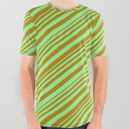 [ Thumbnail: Green & Dark Goldenrod Colored Stripes/Lines Pattern All Over Graphic Tee ]