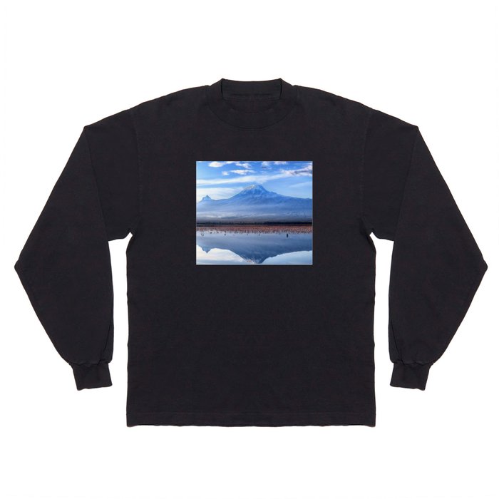 Beautiful View Of Mt. Kilimanjaro with Pink Flamingos In the Lake Long Sleeve T Shirt