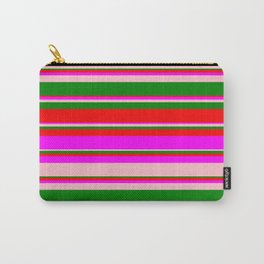 [ Thumbnail: Green, Red, Fuchsia, and Pink Colored Lined/Striped Pattern Carry-All Pouch ]