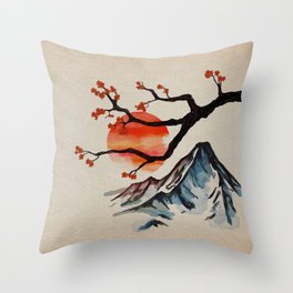 Zen Serenity Landscape - Sakura Mountain Sunset Throw Pillow