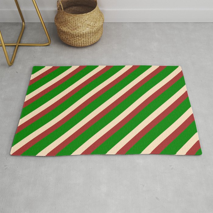 Brown, Green & Bisque Colored Stripes Pattern Rug