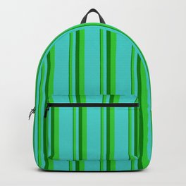 [ Thumbnail: Green, Lime Green, and Turquoise Colored Lines Pattern Backpack ]