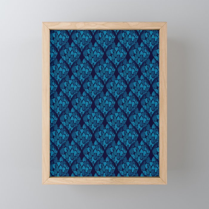 When Hearts Meet Together Pattern - Blue Grey Hearts (On Blue) Framed Mini Art Print