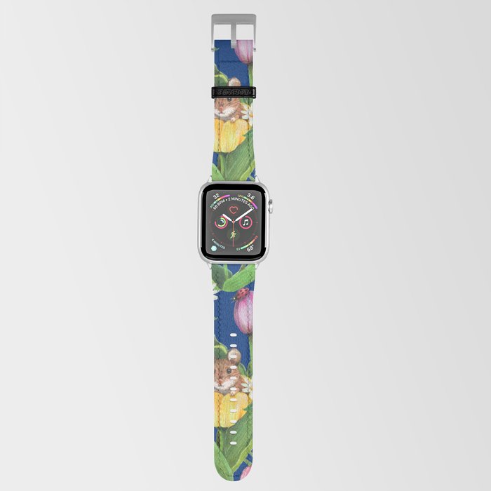 Spring Tulips with Cute Mouse - blue Apple Watch Band