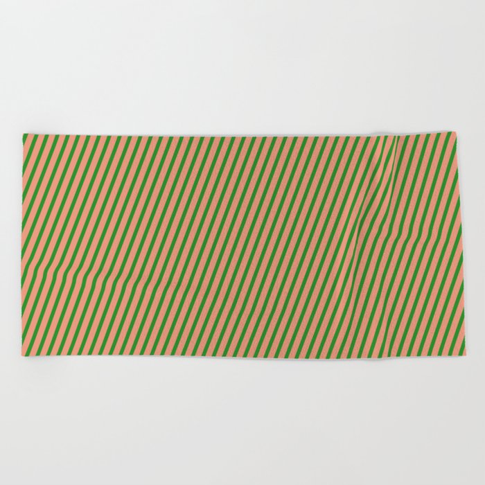 Forest Green and Dark Salmon Colored Striped Pattern Beach Towel