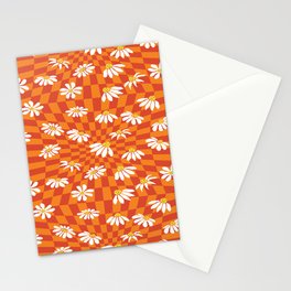 Orange Warped Checkered Retro Smile Daisy Pattern Stationery Card