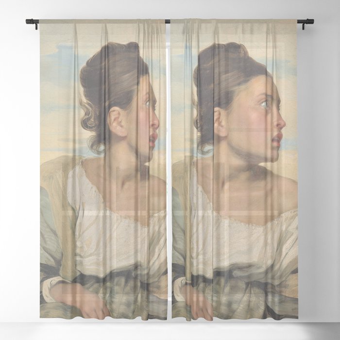 Portrait of a Woman; Girl at the Cemetery female painting by Eugene Delacroix for bedroom, living room, home wall decor Sheer Curtain