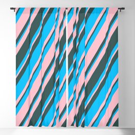 [ Thumbnail: Deep Sky Blue, Pink & Dark Slate Gray Colored Stripes Pattern Blackout Curtain ]