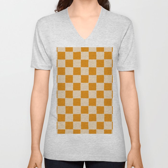 Desert Orange Checker, Hand-Painted V Neck T Shirt