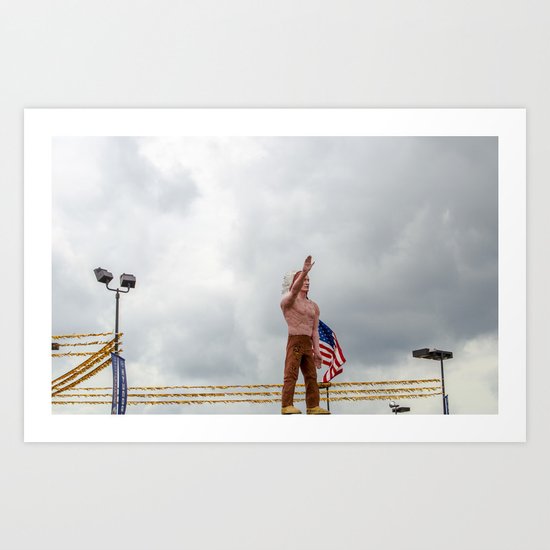 Car lot and an Indian figure Art Print