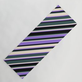 [ Thumbnail: Dark Slate Gray, Beige, Purple & Black Colored Lined Pattern Yoga Mat ]