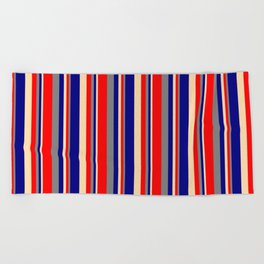 [ Thumbnail: Tan, Blue, Gray & Red Colored Lines/Stripes Pattern Beach Towel ]