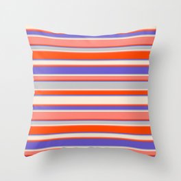 [ Thumbnail: Eye-catching Slate Blue, Grey, Beige, Salmon, and Red Colored Striped Pattern Throw Pillow ]