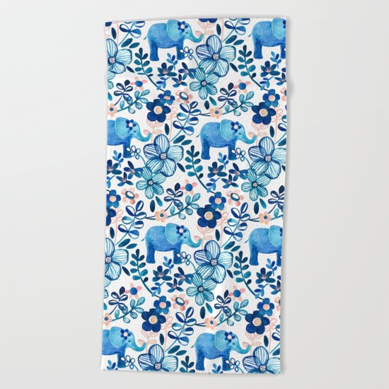 Blush Pink, White and Blue Elephant and Floral Watercolor Pattern Beach Towel