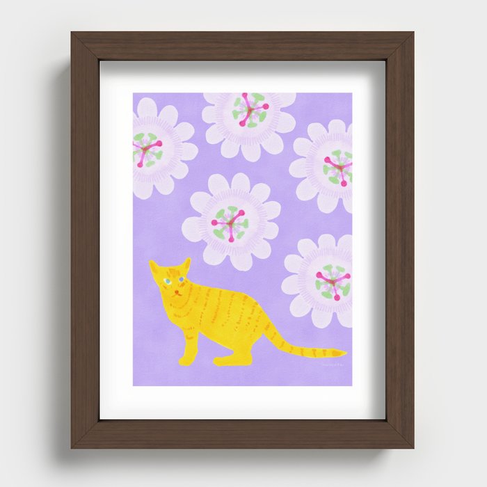 Cat and Passion Flower - Yellow and Purple Recessed Framed Print