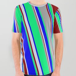 [ Thumbnail: Green, Blue, Lavender, Dark Red, and Dark Gray Colored Stripes Pattern All Over Graphic Tee ]