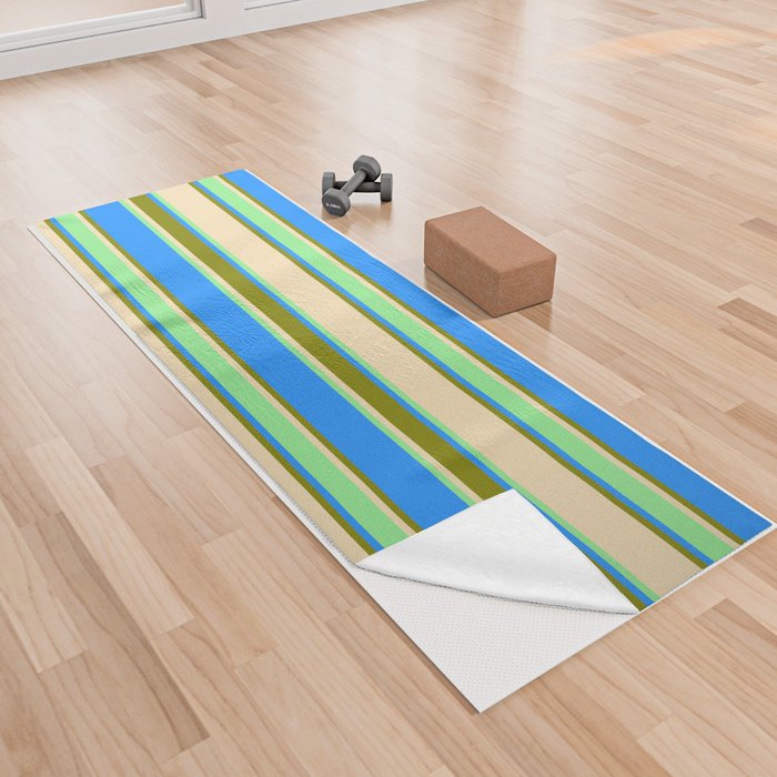 Tan, Light Green, Blue, and Green Colored Lined/Striped Pattern Yoga Towel
