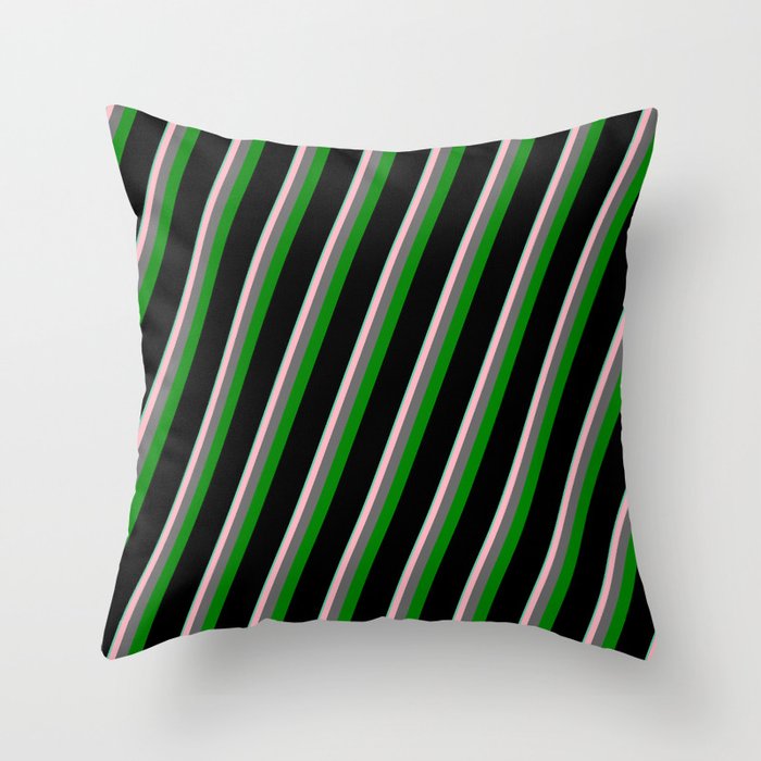 Vibrant Aquamarine, Light Pink, Dim Gray, Green & Black Colored Lined/Striped Pattern Throw Pillow