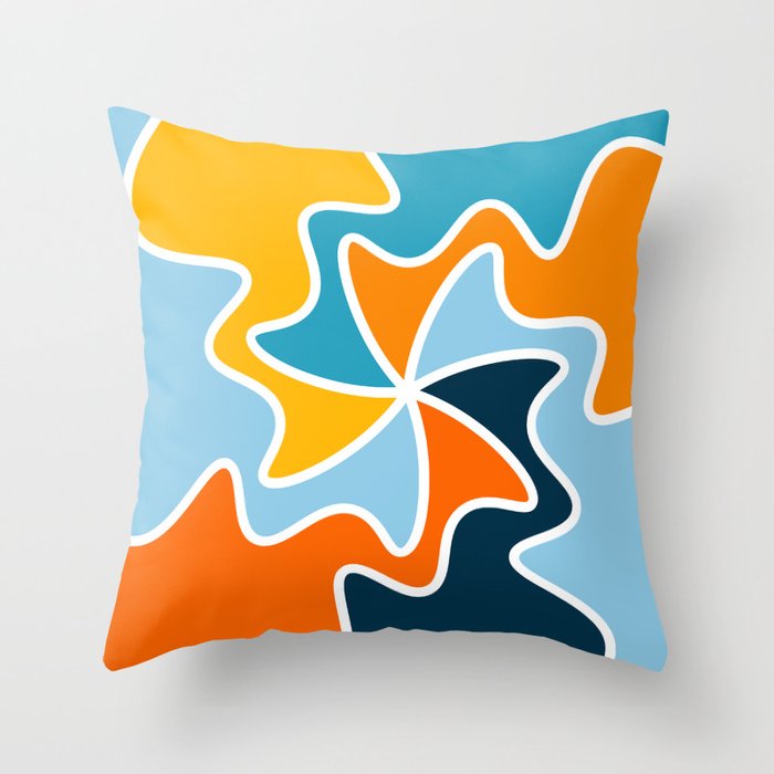 Abstract Curved Mid Century Modern Style Lines pattern - Orange and Pacific Blue Throw Pillow