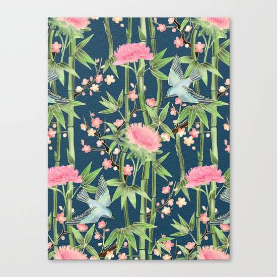 Bamboo, Birds and Blossom - dark teal Canvas Print