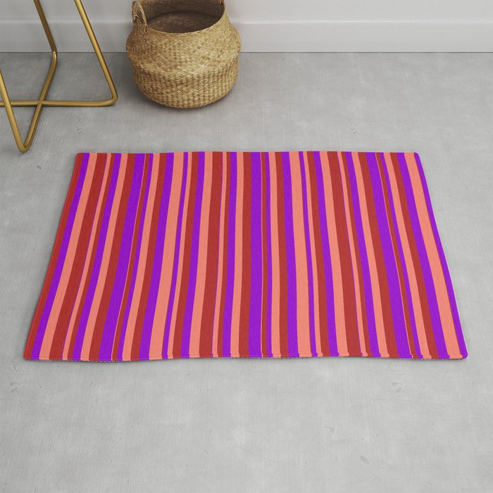 Dark Violet, Salmon & Red Colored Stripes/Lines Pattern Rug