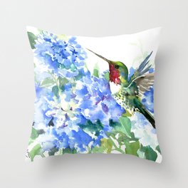 Hydrangea Flowers and Ruby Throat Hummingbird Throw Pillow