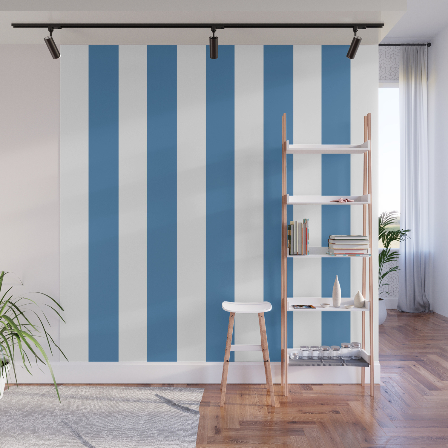 Steel Blue Solid Color White Vertical Lines Pattern Wall Mural By Makeitcolorful Society6