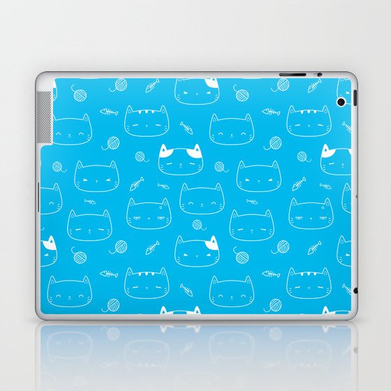 Turquoise and White Doodle Kitten Faces Pattern Laptop & iPad Skin