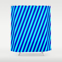 [ Thumbnail: Cyan and Blue Colored Stripes Pattern Shower Curtain ]