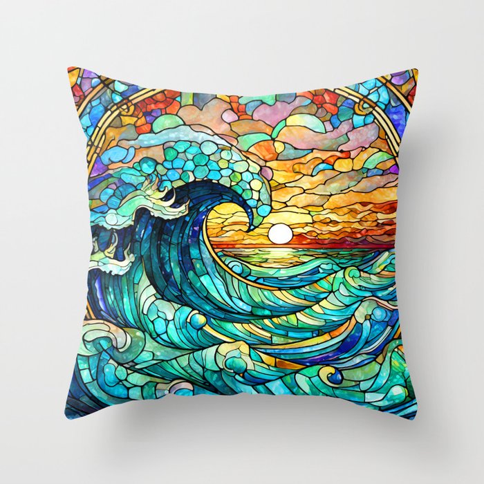 Big wave at sunset stained glass art Throw Pillow