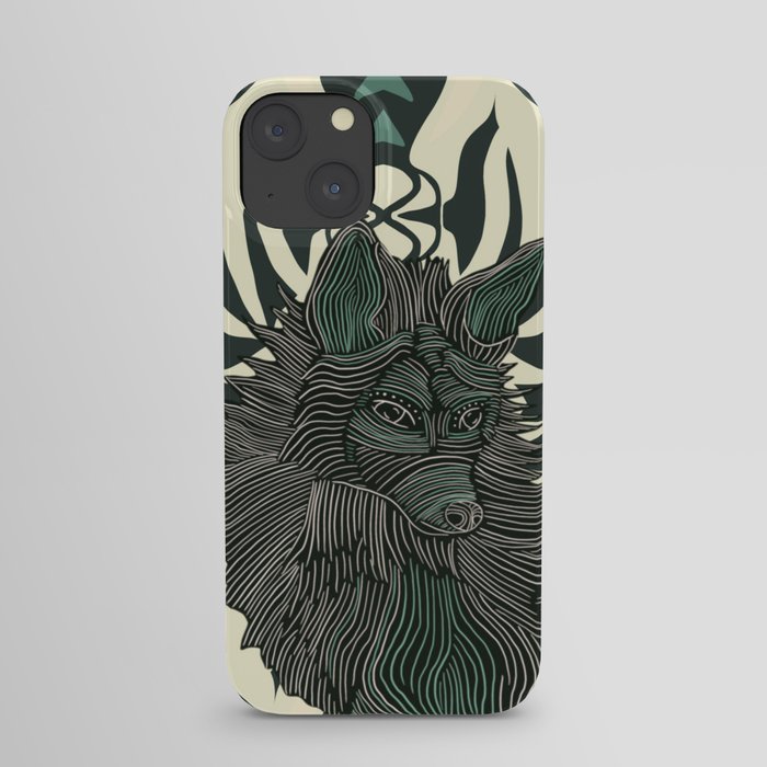 Beautiful decorated fox sitting on a green patterned background iPhone Case